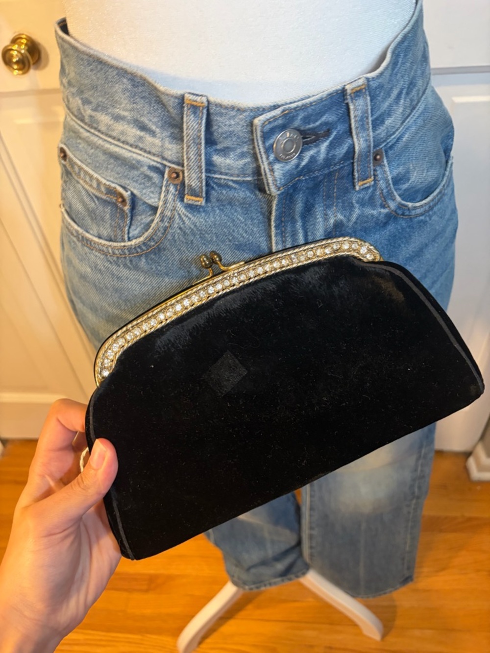 Black Velvet Evening Clutch with Crystal-Embellished Frame